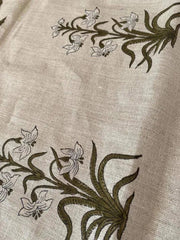 Handloom Linen Fabric -White Flower block print fabric - best for Upholstery , cushion cover , sofa/chair cover , and other crafts - Rohiyaan